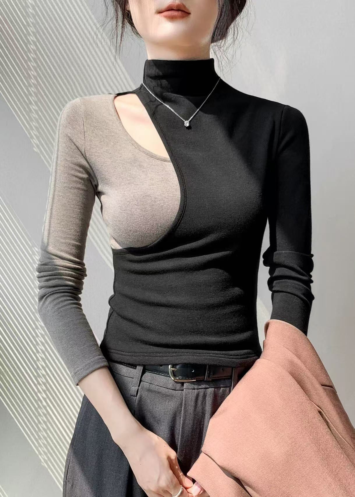 Black Hign Neck Hollow Out Patchwork Cotton T Shirt Fall