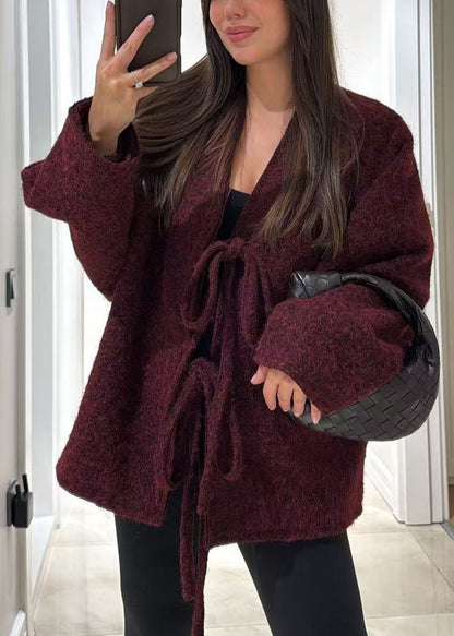 Boutique Mulberry V Neck Lace Up Woolen Coat Fall