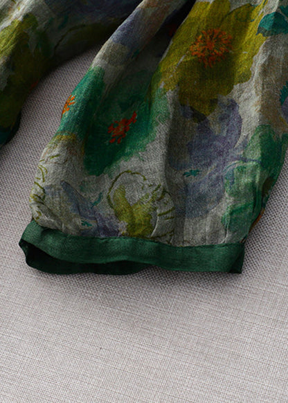 Natural Green O-neck Print Wrinkled Linen Tops Long Sleeve