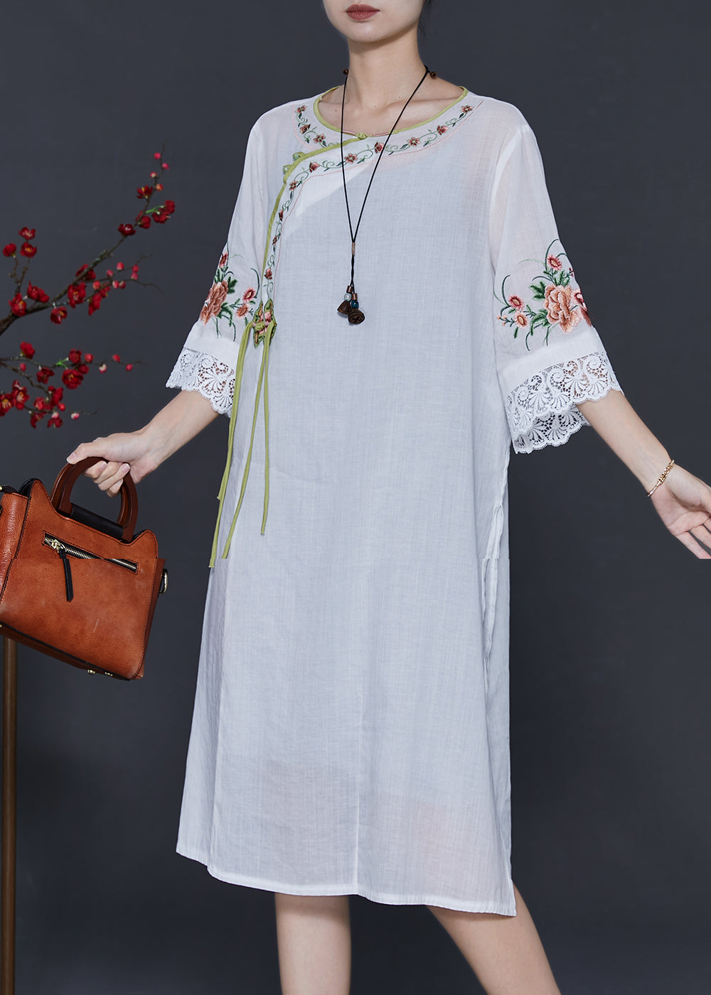 White Embroidered Patchwork Linen Oriental Dresses Summer