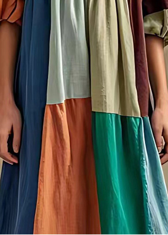 Style Colorblock Puff Sleeve Cotton Long Dress