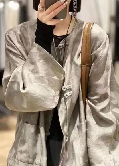 Jacquard Grey O-neck Pockets Coats Spring