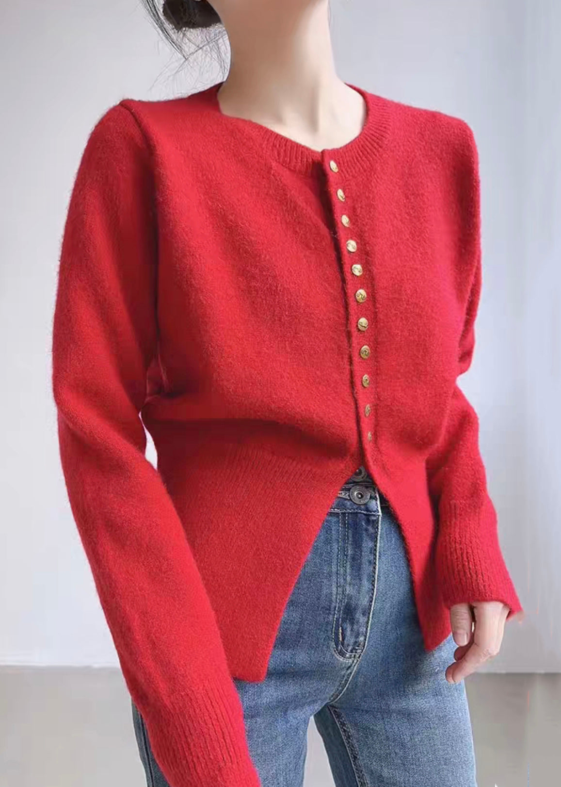 Red O Neck Button Knit Coats Spring