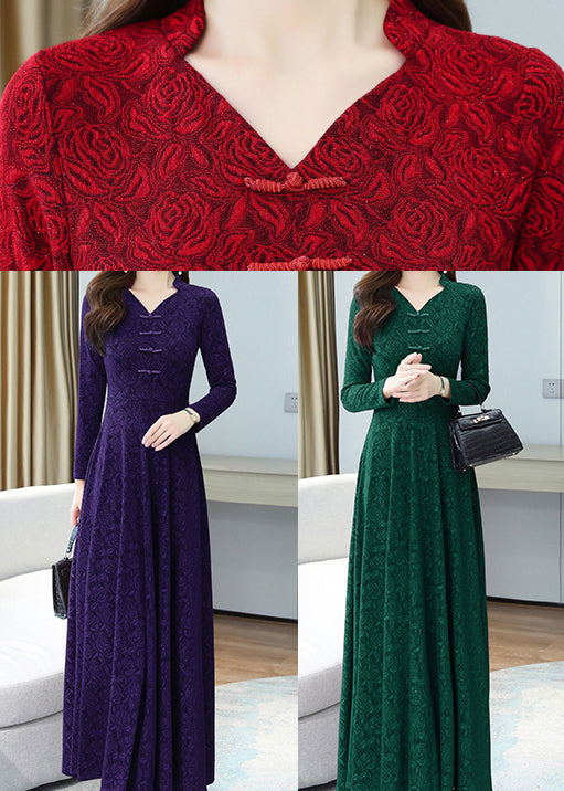 Green Print Chinese Button Cotton Long Dresse Spring