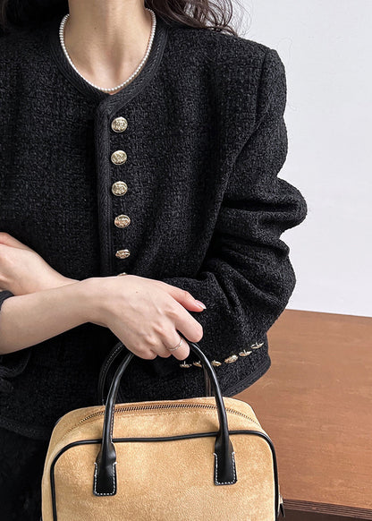 Black O-neck Button Woolen Coat Long Sleeve