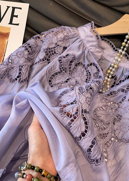 Purple Embroidered Hollow Out Silk Shirt Tops Fall