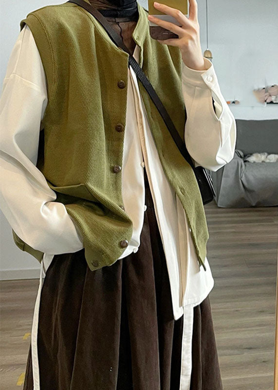 Army Green Stand Collar Button Cardigans and Shirts Two Piece Set Long Sleeve