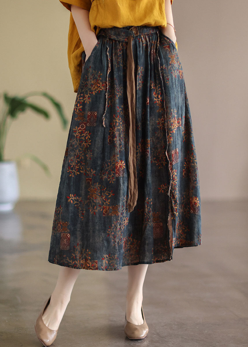 Navy Patchwork Linen a Line Skirts Oversized Spring