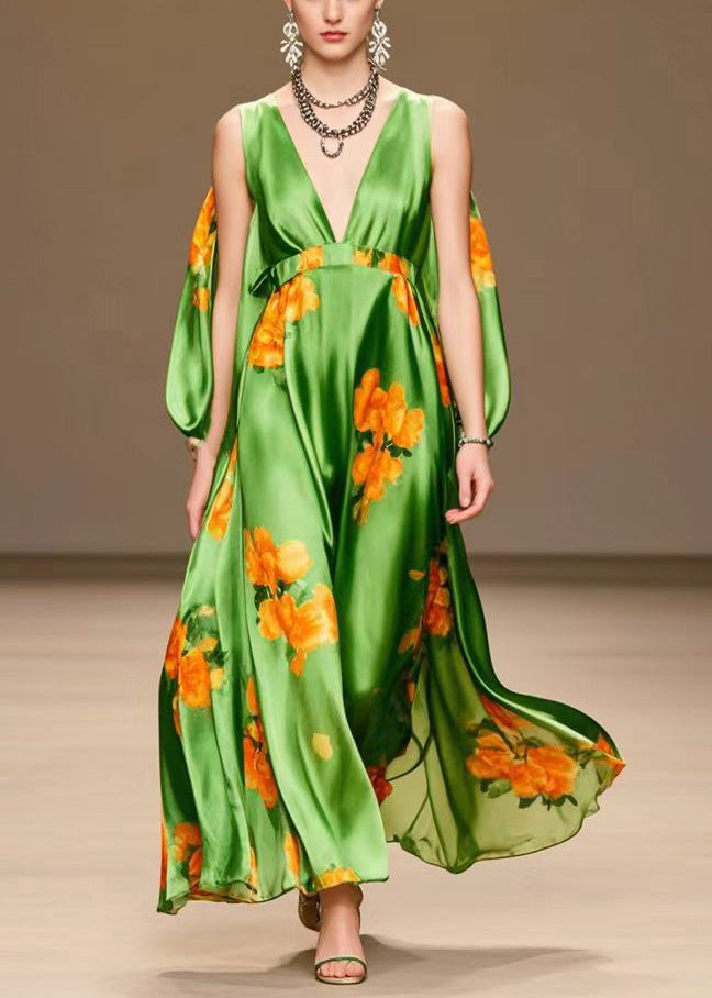Tea Green V Neck Print Silk Long Dresses Summer