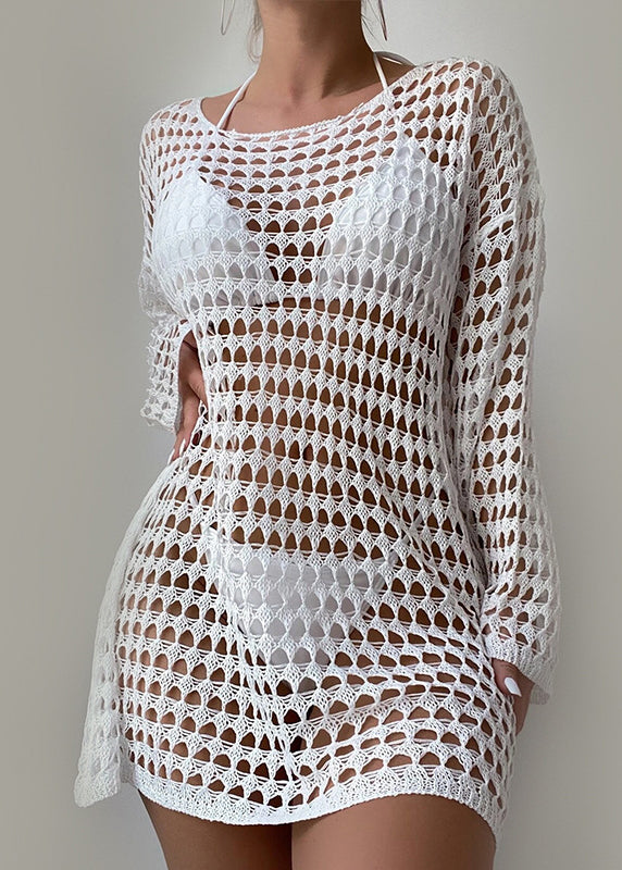 White O-neck Hollow Out Knit Top Long Sleeve