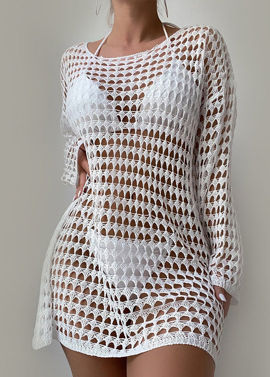 White O-neck Hollow Out Knit Top Long Sleeve