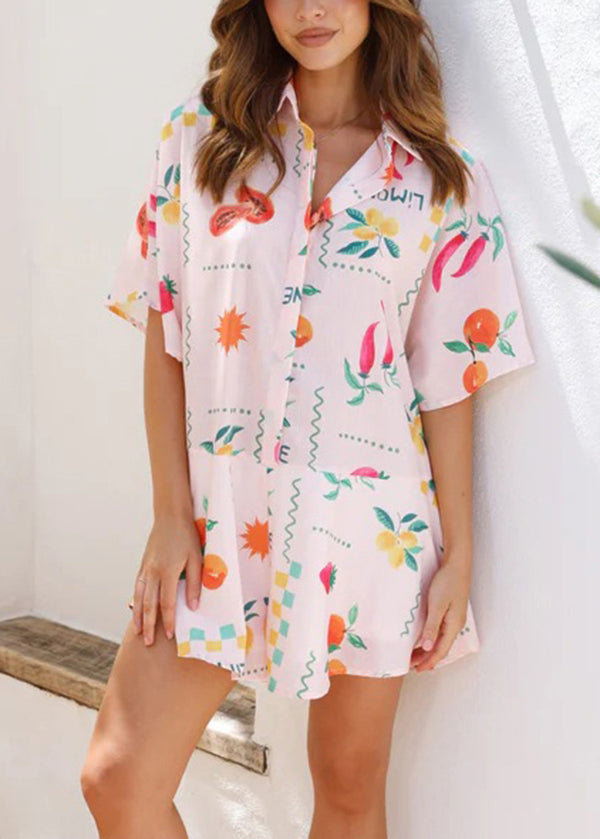Pink Peter Pan Collar Print Cotton Jumpsuit Summer