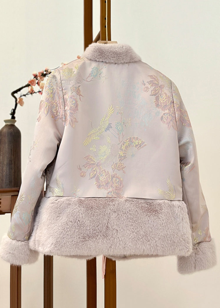 Pink Fur Collar Print Patchwork Parka Winter