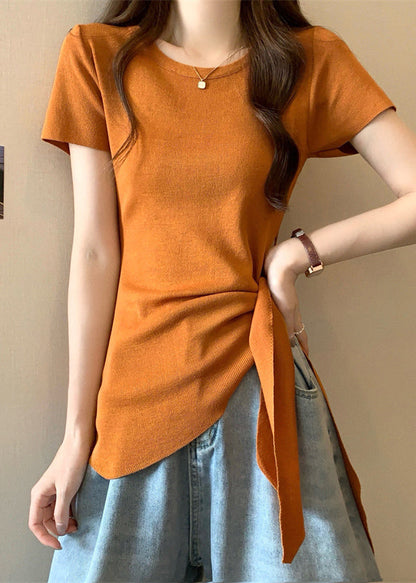 Slim Fit Yellow O-neck Asymmetrical Hollow Out Bow Top Summer