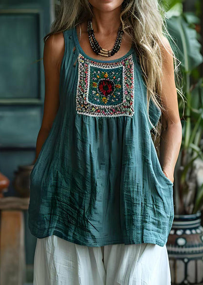 Blue O Neck Print Cotton Tank Top Sleeveless