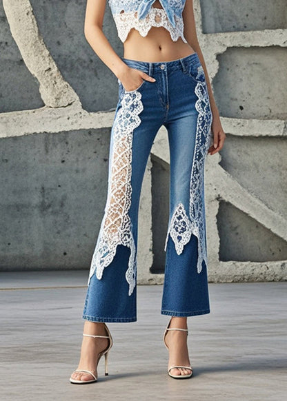 Denim Blue Lace Patchwork Slim Fit Flared Trousers Fall