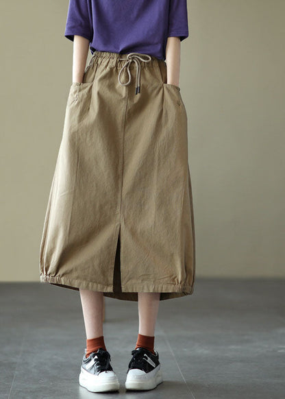 Light Green Elastic Waist Side Open Pockets Cotton Skirt Summer