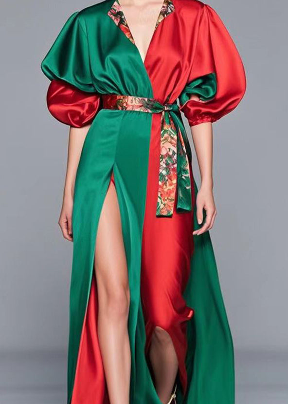 Colorblock Cinched Patchwork Side Open Silk Full Dress Summer