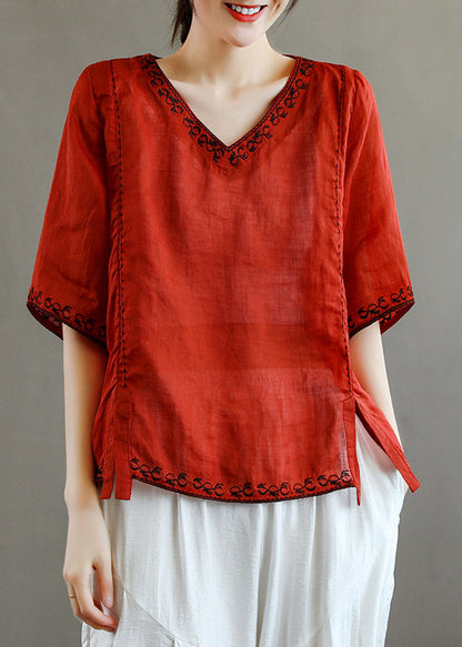 Stylish Purple V Neck Embroidered Linen T Shirt Half Sleeve