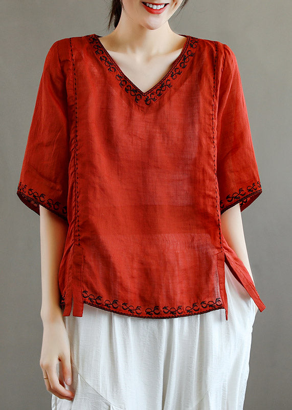 Stylish Purple V Neck Embroidered Linen T Shirt Half Sleeve