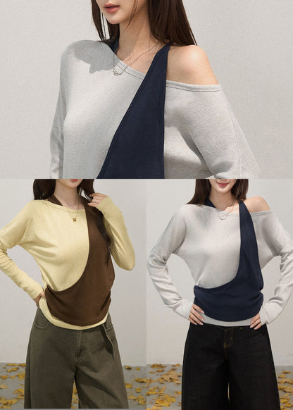 Light Grey Patchwork Cotton Shirt Tops Cold Shoulder Fall
