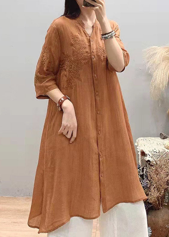 Orange Embroidered Linen Long Shirt Asymmetrical Design Three Quarter Sleeve