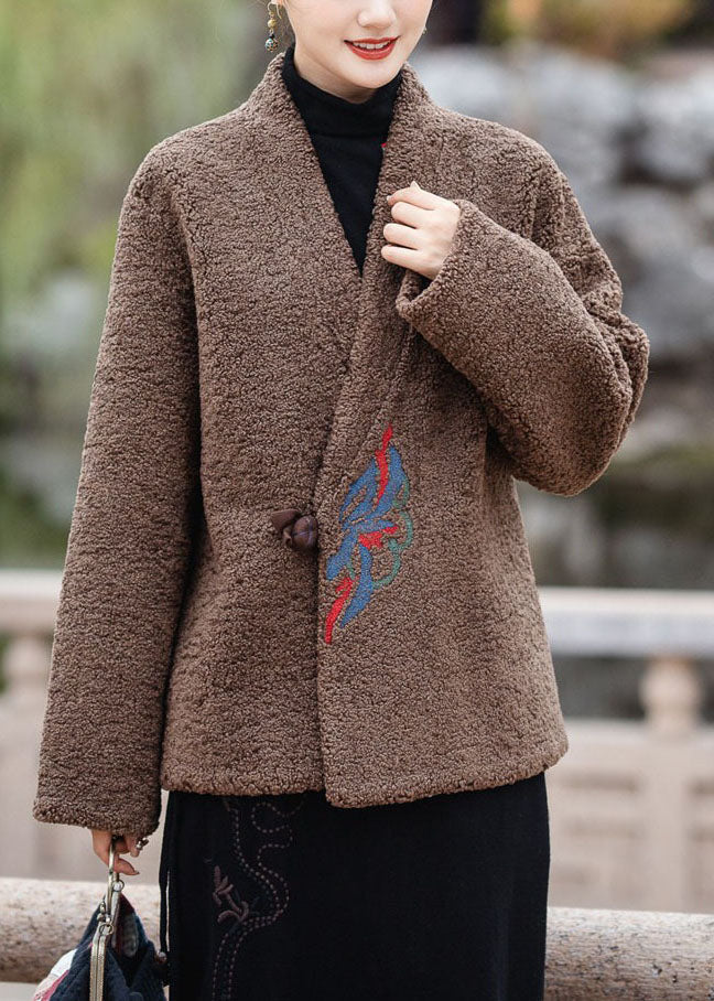 Modern Chocolate V Neck Embroidered Thick Teddy Faux Fur Coats Winter