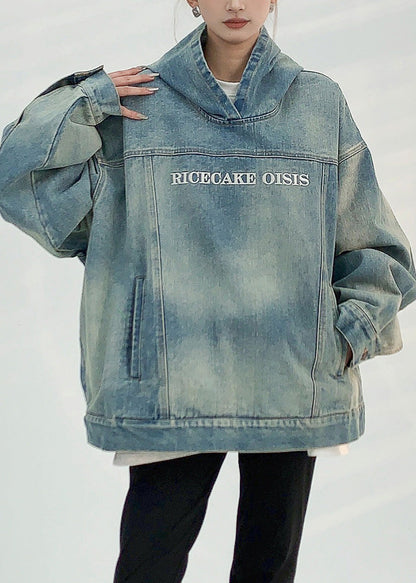 Denim Blue Patchwork Embroidered Hooded Coat Fall