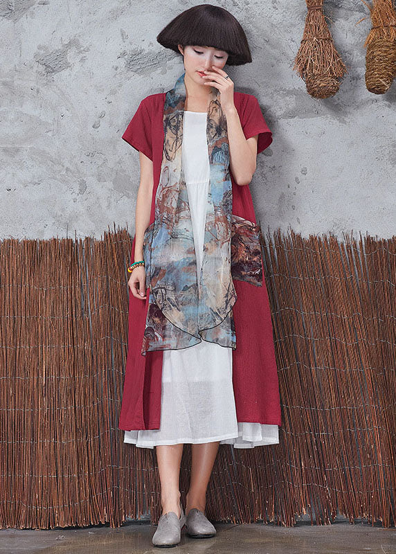 Red Patchwork Scarf Collar Cotton Cardigans Short Sleeve