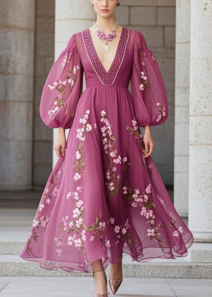 Purple Print Chiffon Party Dress Lantern Sleeve