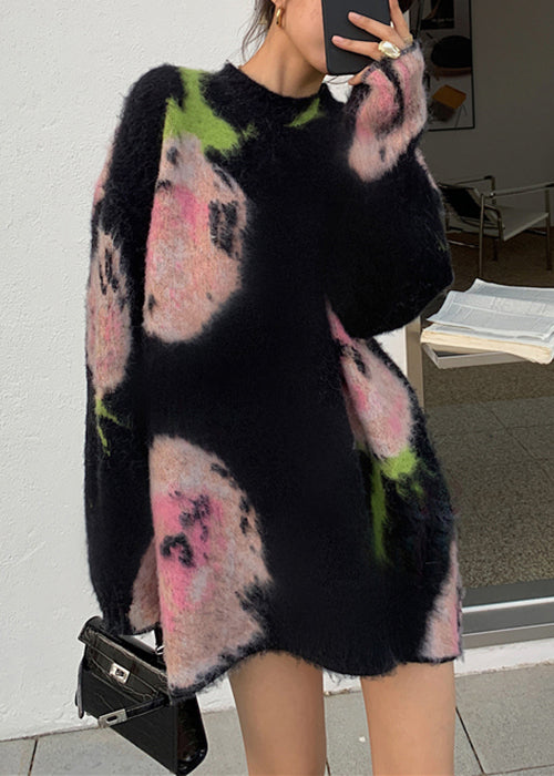 Black O Neck Cozy Cotton Knit Mid Dress Long Sleeve