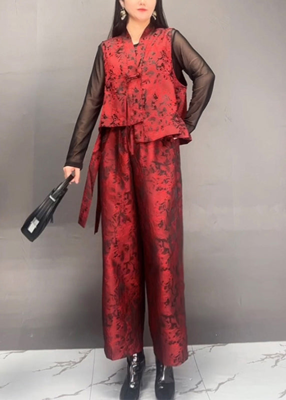 Black Print Asymmetrical Silk Cotton Waistcoat and Wide Leg Pants Two Piece Set Fall