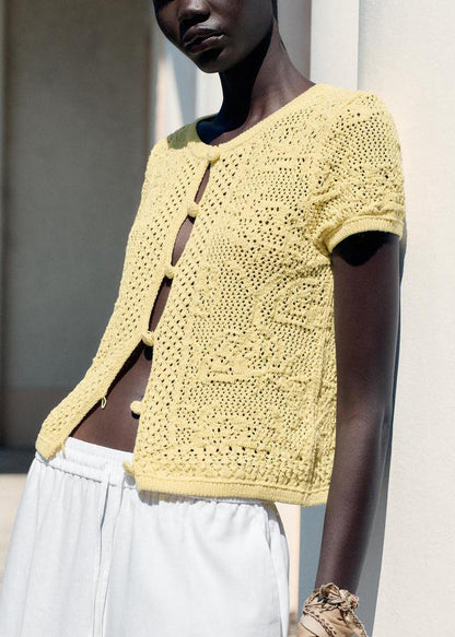 Yellow Button Hollow Out Knit T Shirt Summer