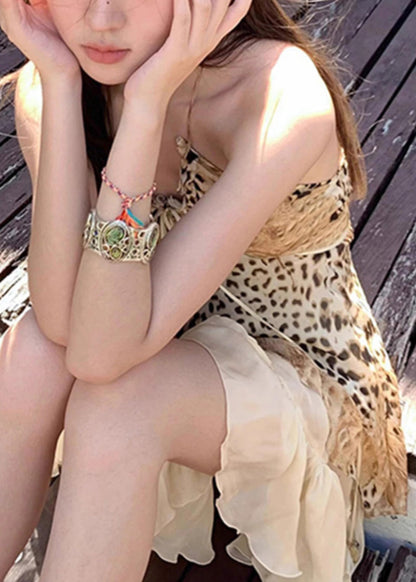 American Leopard Print Backless Suspender Dress Summer