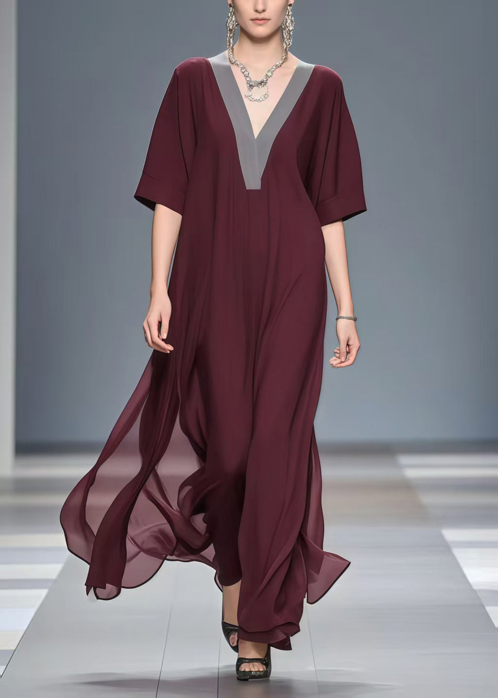 Mulberry V Neck Patchwork Chiffon Long Dress Summer