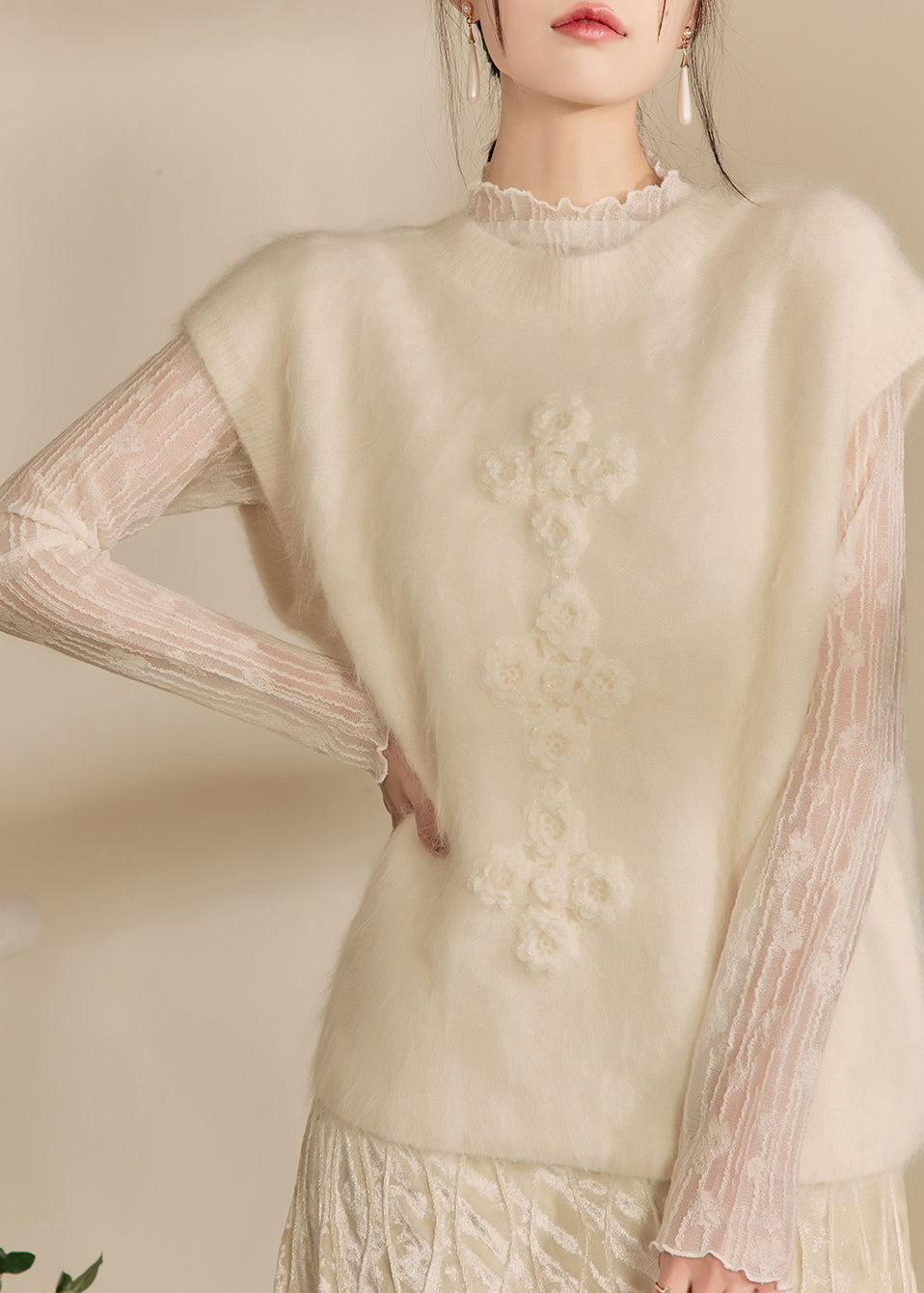 Simple Beige O-neck Cozy Cotton Knit Waistcoat Winter