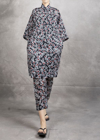 Chinese Style Black Print Tops and Pants Linen Two Pieces Set Summer