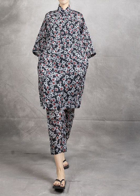 Chinese Style Black Print Tops and Pants Linen Two Pieces Set Summer