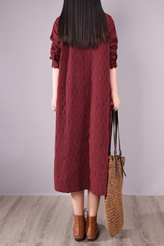 -loose Embroidery Lace Dress Cotton and Linen Long Sleeve Dress