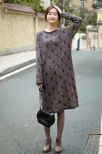 Loose Blue Sweater Dresses Causal Winter Clothes