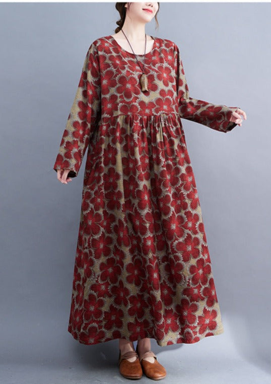 Loose Cotton and Linen Print Dress Long Sleeve