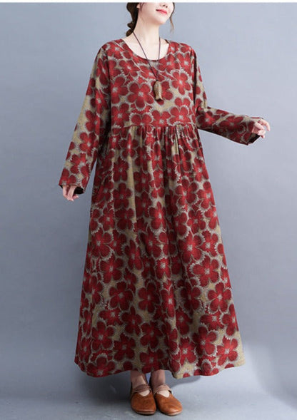 Loose Cotton and Linen Print Dress Long Sleeve