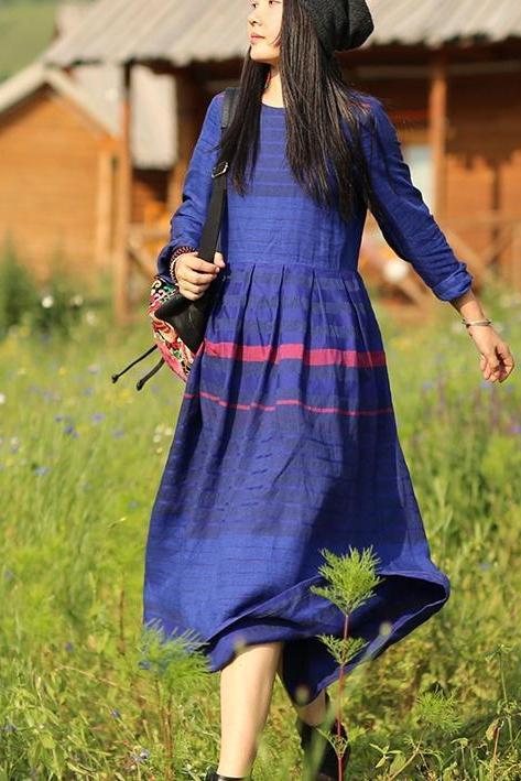 Loose Linen Blue Striped Dress