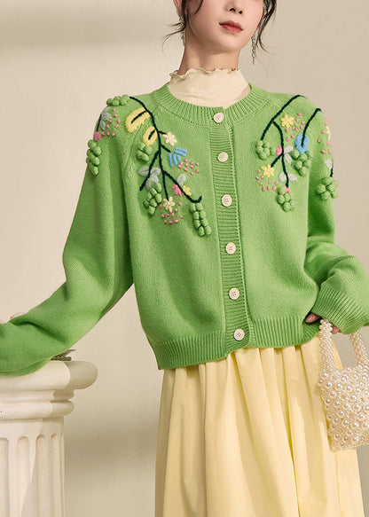 Green Embroidered Button Cotton Knit Cardigans Spring