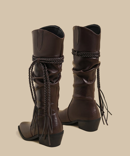 Wrinkled Tassel Splicing Chunky Boots Brown Faux Leather