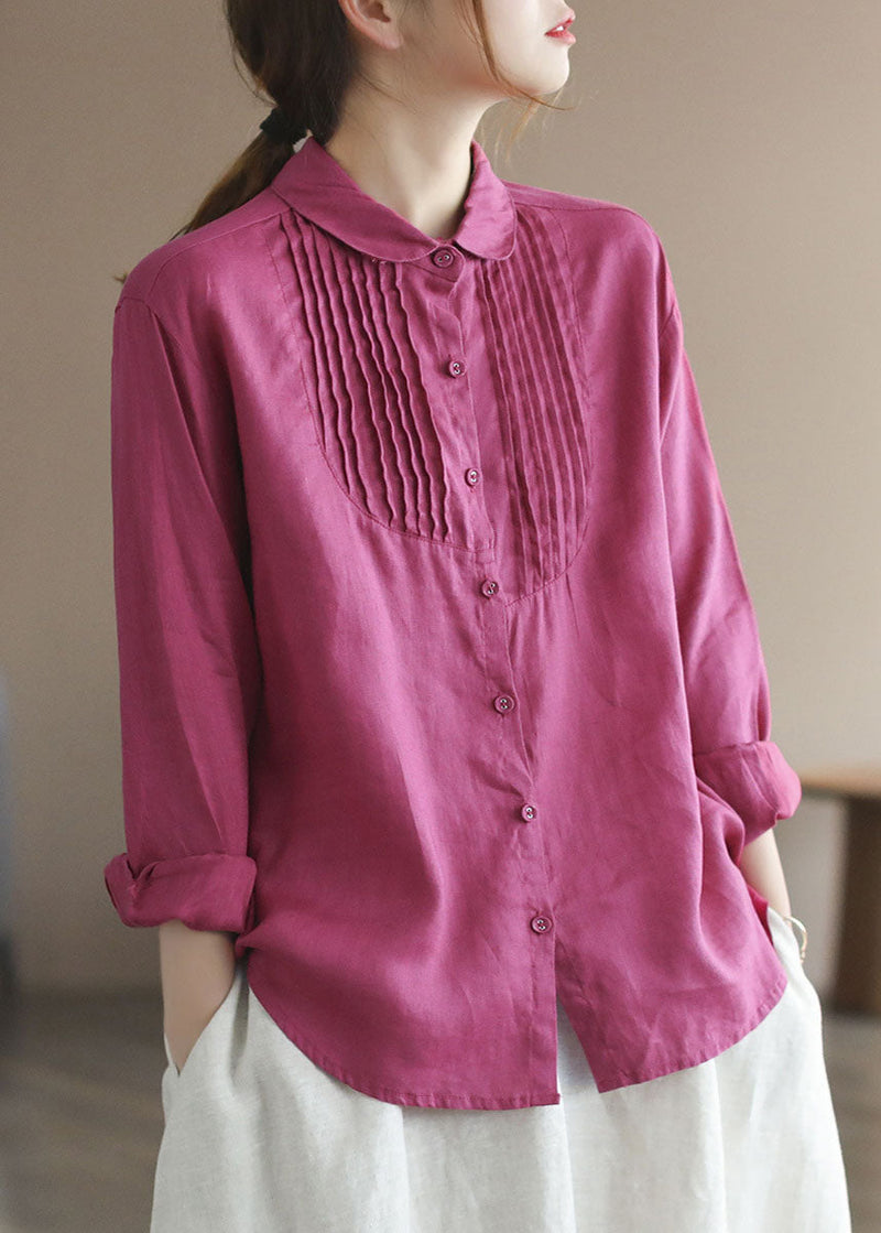 Rose Peter Pan Collar Wrinkled Button Linen Shirt Tops Long Sleeve