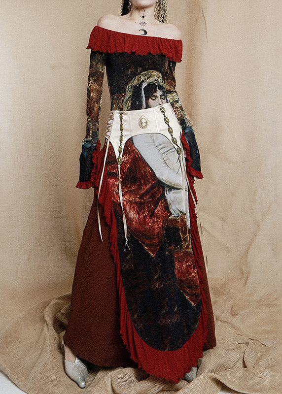 Red Ruffled Print Cotton Maxi Dresses Long Sleeve