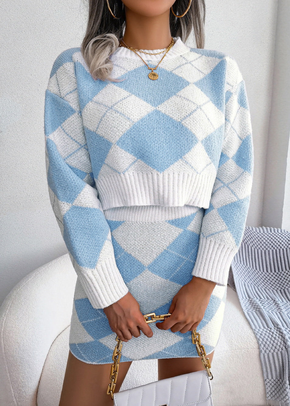New Blue O Neck Sweaters and Skirts Knit Two Pieces Set Winter