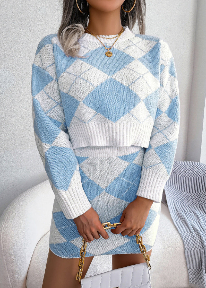 New Blue O Neck Sweaters and Skirts Knit Two Pieces Set Winter
