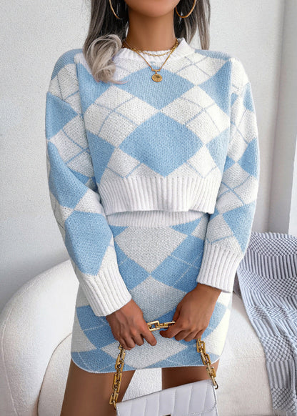 New Blue O Neck Sweaters and Skirts Knit Two Pieces Set Winter